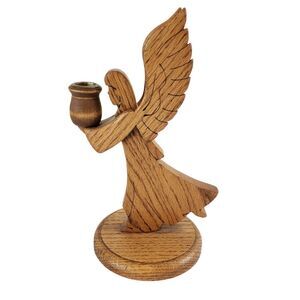 Vintage Wooden Carved Angel Figurine Taper Candle Holder 11” Tall 2-Sided